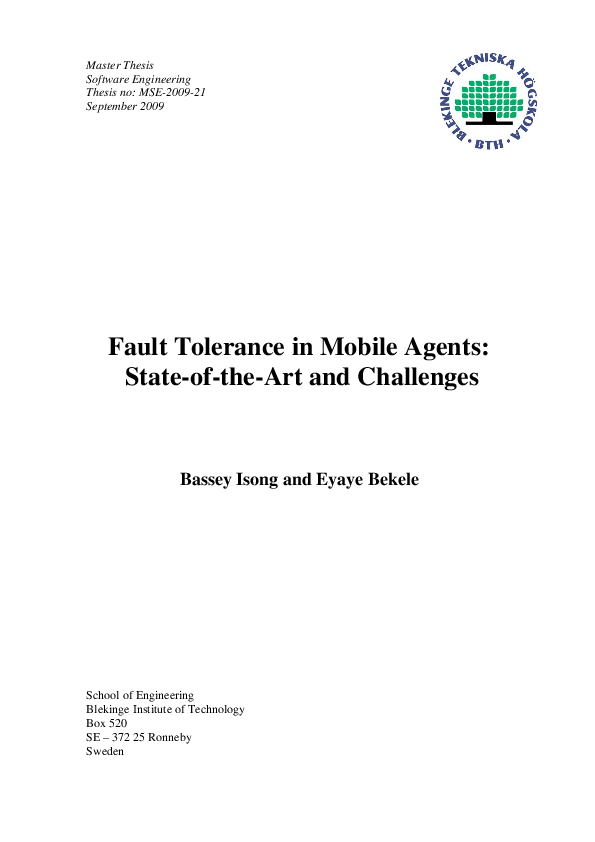 (PDF) Fault Tolerance in Mobile Agents : State-of-the-Art and Challenges