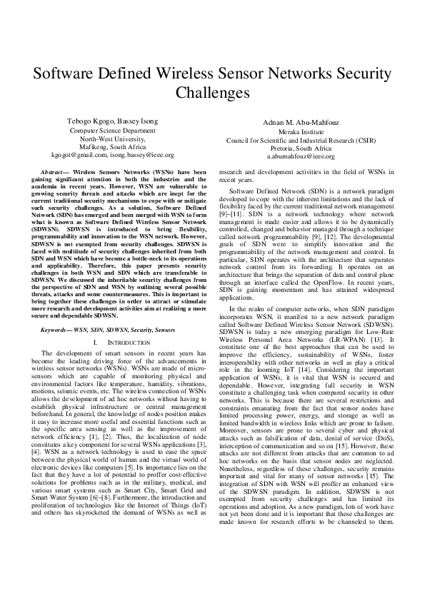(PDF) Software defined wireless sensor networks security challenges