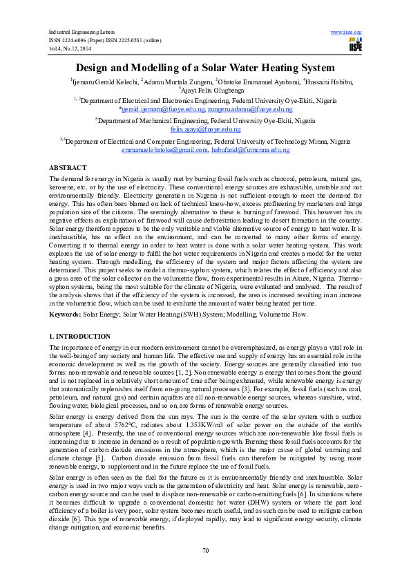 (PDF) Design and Modelling of a Solar Water Heating System
