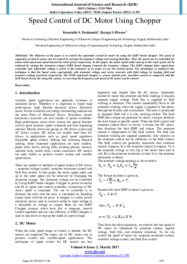 (PDF) Speed Control of DC Motor Using Chopper
