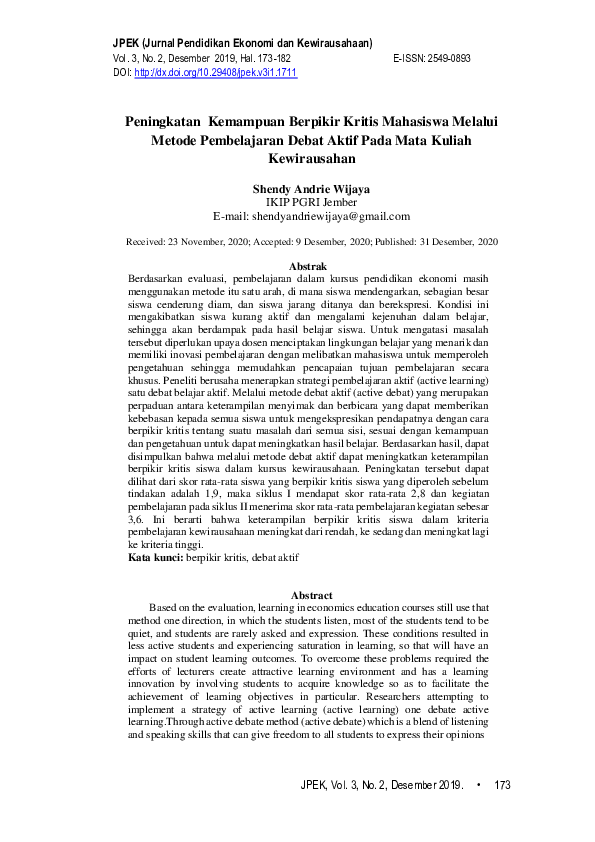 (PDF) Peningkatan Kemampuan Berpikir Kritis Mahasiswa Melalui Metode