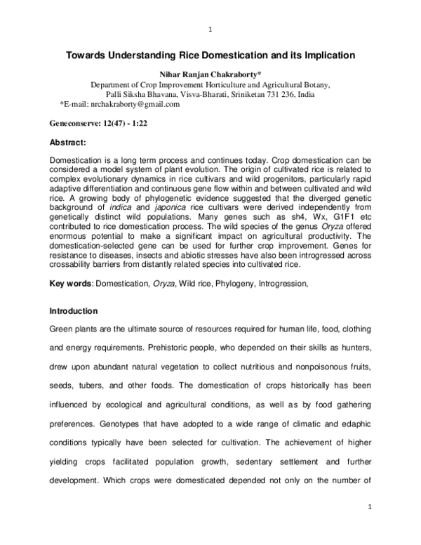(PDF) Towards understanding rice domestication and its implication
