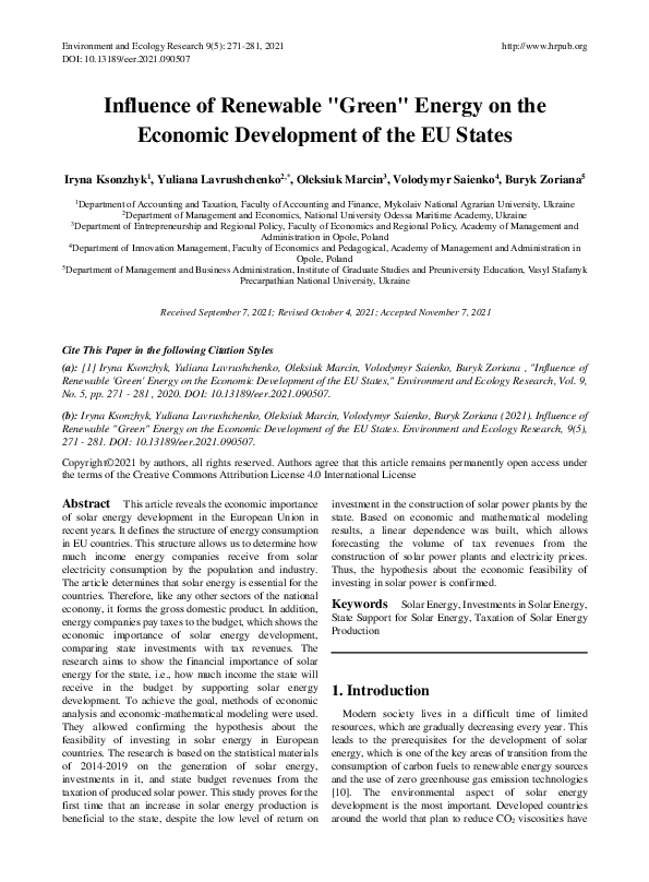 (PDF) Influence of Renewable "Green" Energy on the Economic Development ...