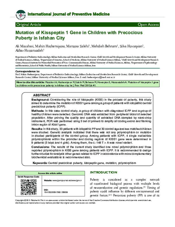 (PDF) Mutation of kisspeptin 1 gene in children with precocious puberty ...