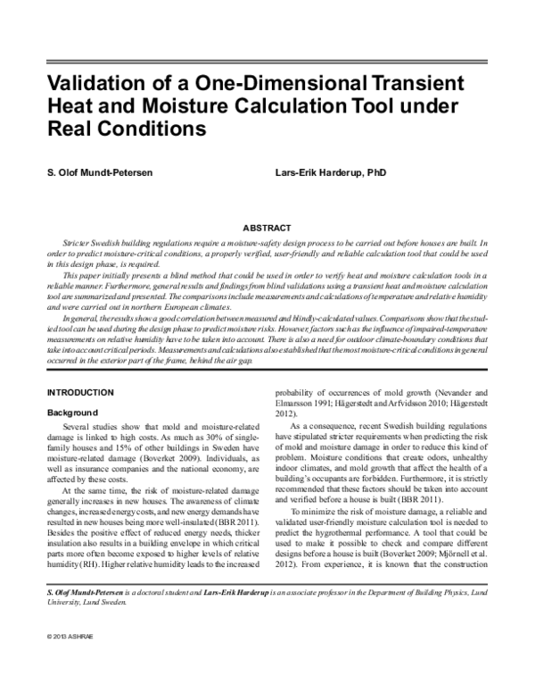 (PDF) Validation of a One-Dimensional Transient Heat and Moisture ...