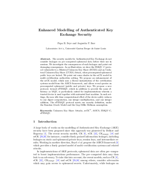 (PDF) Enhanced Modelling of Authenticated Key Exchange Security