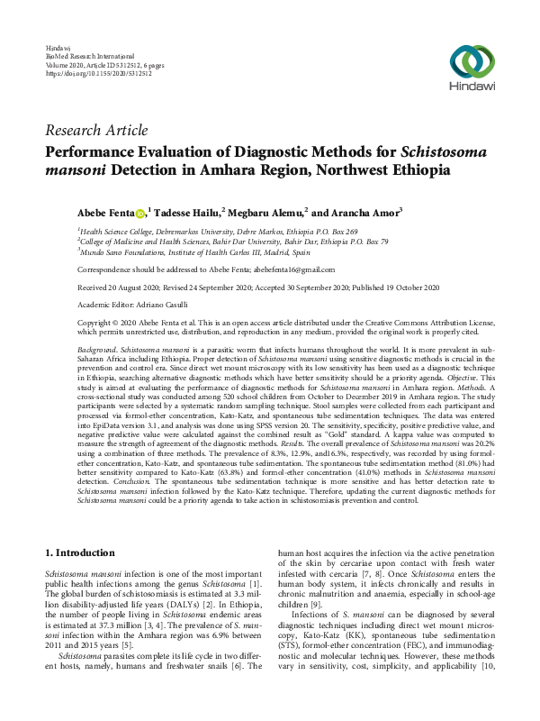 (PDF) Performance Evaluation of Diagnostic Methods for Schistosoma ...
