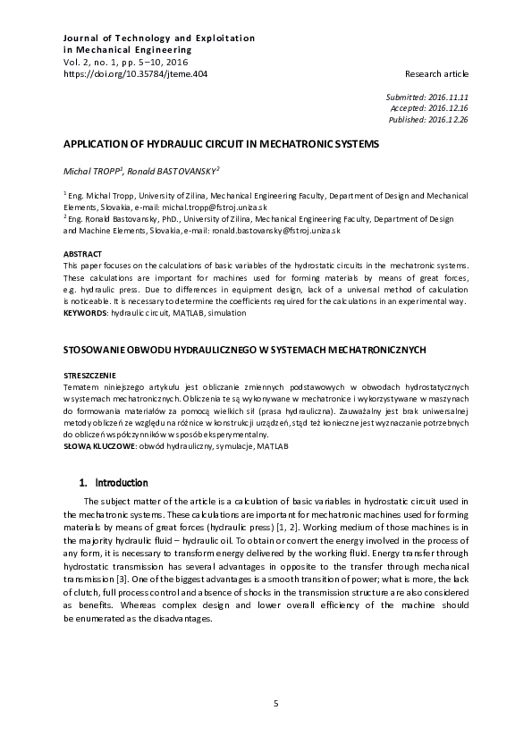 (PDF) Application of Hydraulic Circuit in Mechatronic Systems