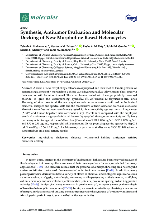 (PDF) Synthesis, Antitumor Evaluation and Molecular Docking of New ...