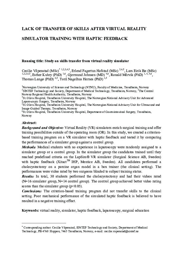 (PDF) Lack of transfer of skills after virtual reality simulator ...