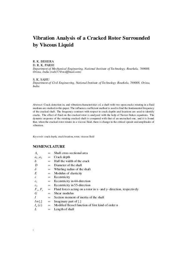 (PDF) Vibration Analysis of a Cracked Rotor Surrounded by Viscous Liquid