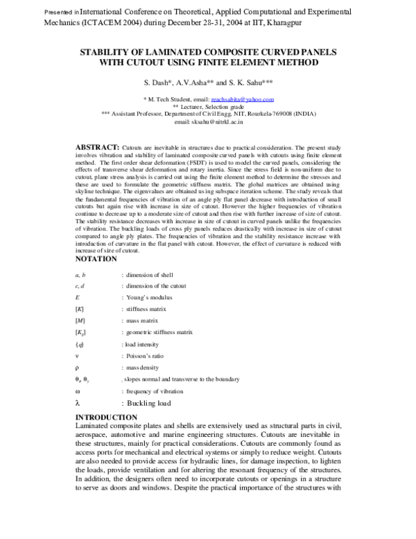 (PDF) Stability of laminated composite curved panels with cutout using ...