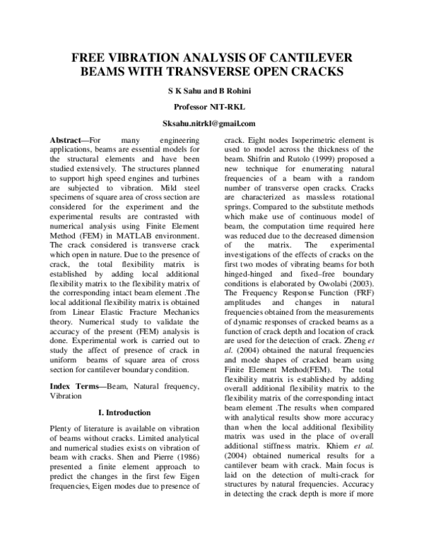 (PDF) Free Vibration Analysis of Cantilever Beams with Transverse Open ...