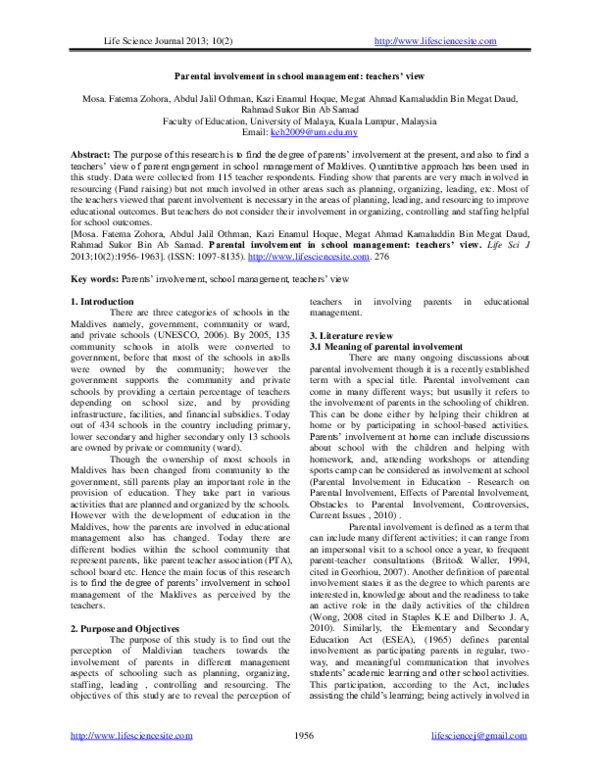 (PDF) Parental involvement in school management: teachers' view