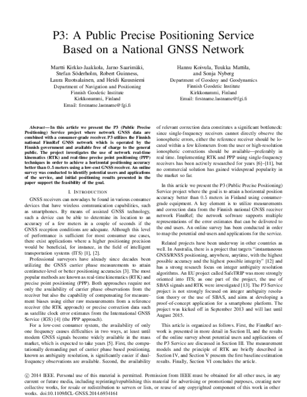 (PDF) P3: A Public Precise Positioning Service based on a national GNSS ...