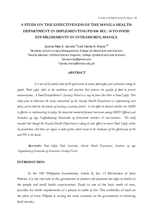 (PDF) A Study on the Effectiveness of the Manila Health Department in ...