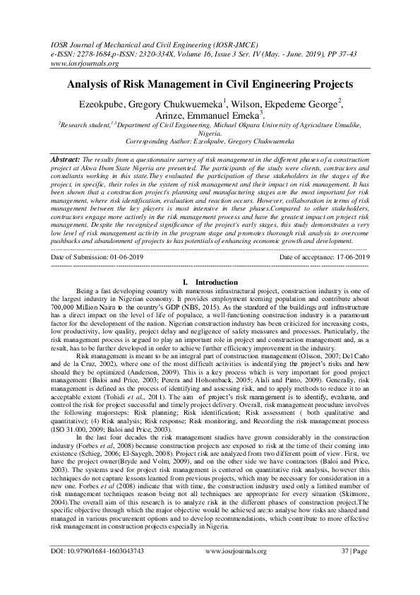 (PDF) Analysis of Risk Management in Civil Engineering Projects