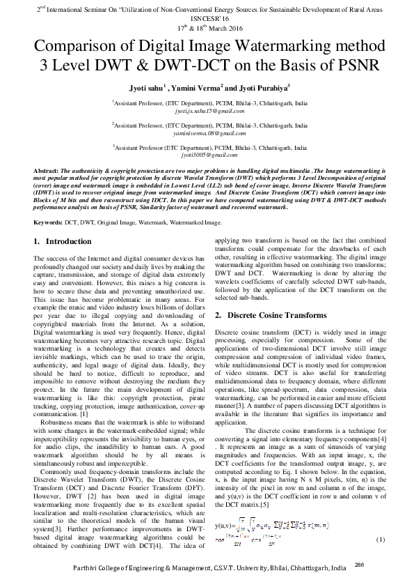 (PDF) Comparison of Digital Image Watermarking method 3 Level DWT & DWT ...