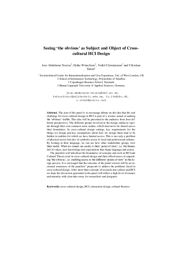 (PDF) Seeing 'the Obvious' as Subject and Object of Cross-Cultural HCI ...