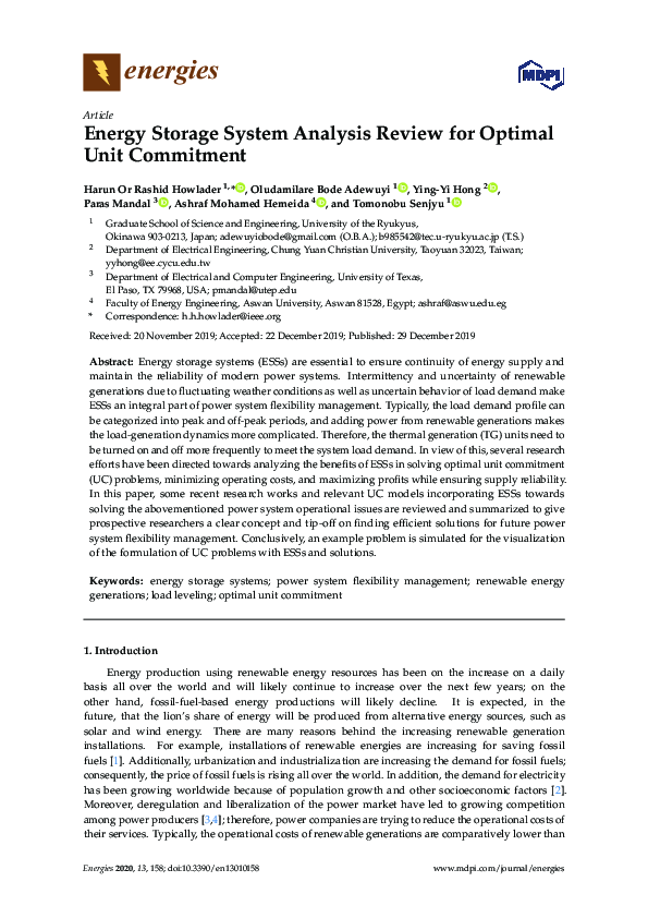 PDF) Energy Storage System Analysis Review for Optimal Unit Commitment