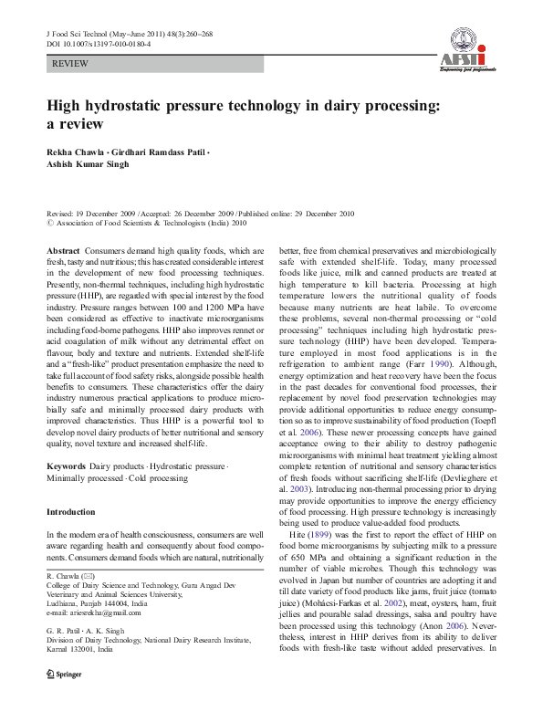 (PDF) High hydrostatic pressure technology in dairy processing: a review