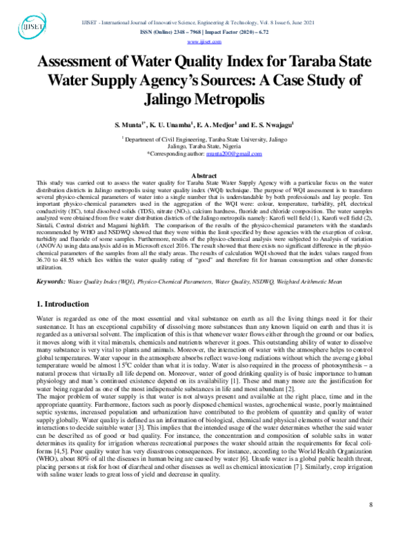 (PDF) Assessment of Water Quality Index for Taraba State Water Supply ...