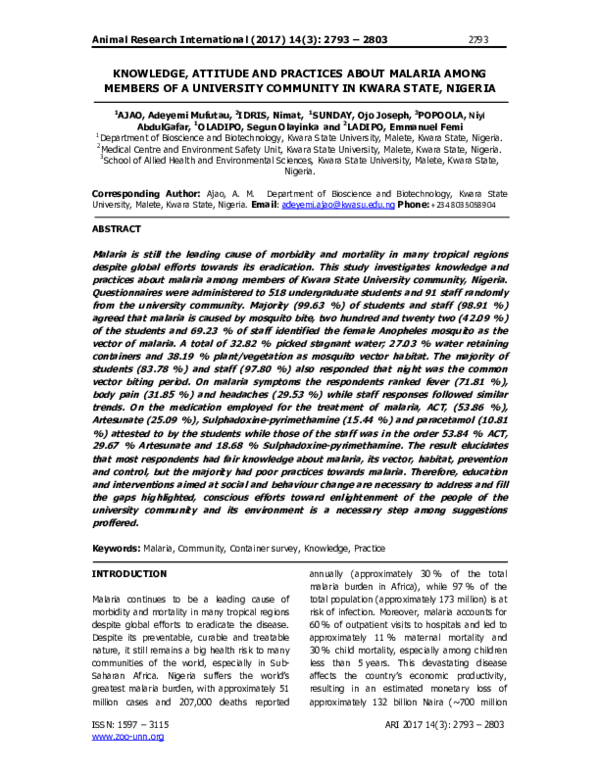 (PDF) Knowledge, Attitude and Practices About Malaria Among Members of ...