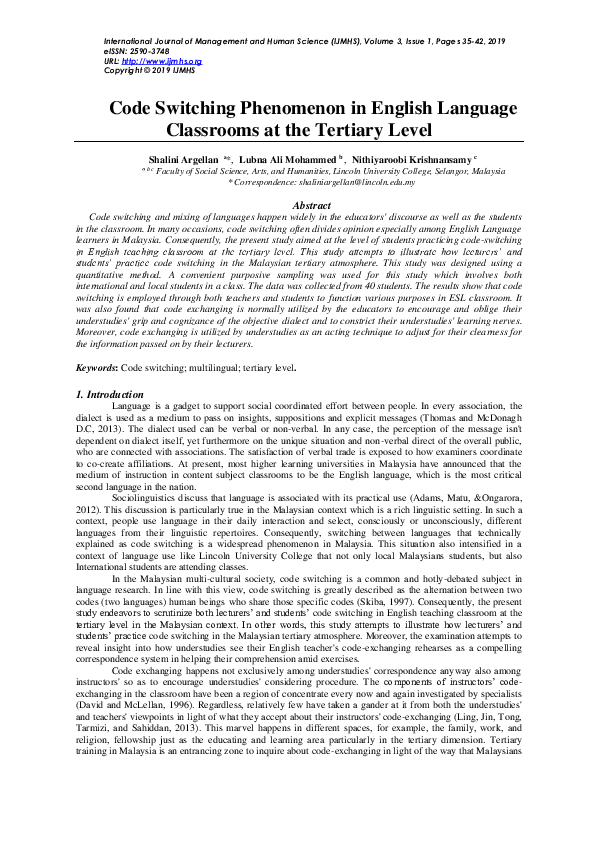 (PDF) Code Switching Phenomenon in English Language Classrooms at the ...