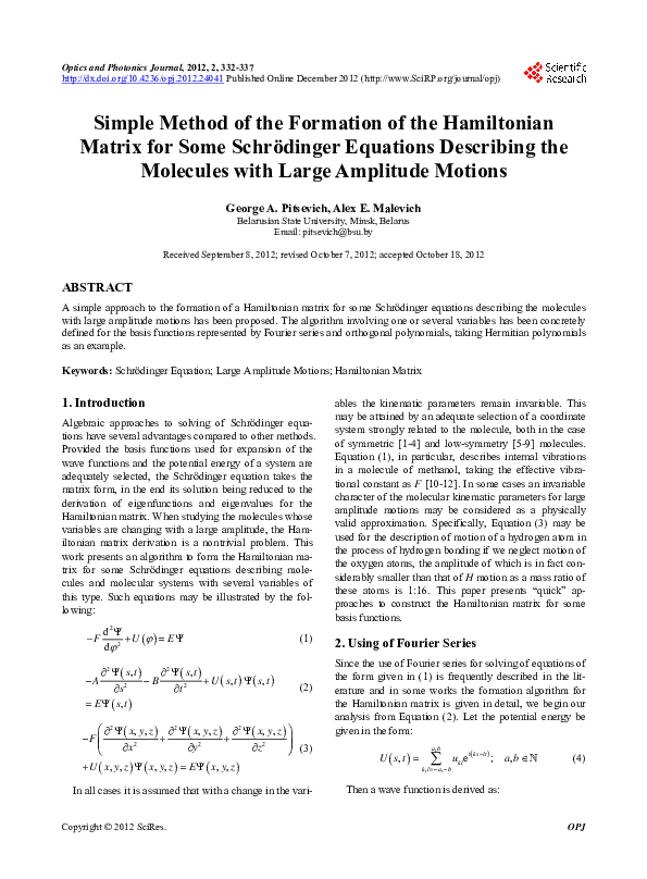 (PDF) Simple Method of the Formation of the Hamiltonian Matrix for Some ...