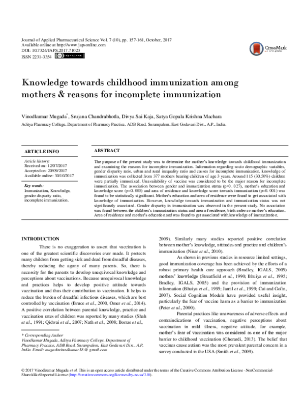 (PDF) Knowledge Towards Childhood Immunization Among Mothers & Reasons ...