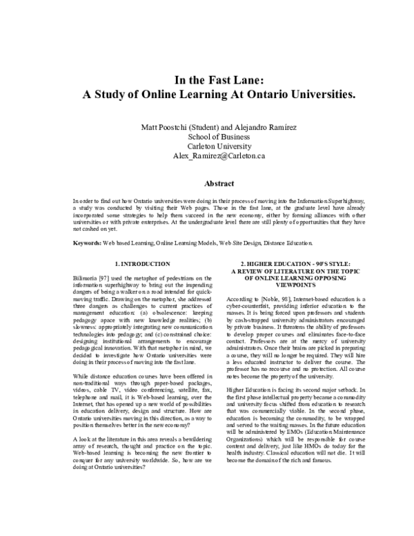 (PDF) In the Fast Lane: A Study of Online Learning At Ontario Universities