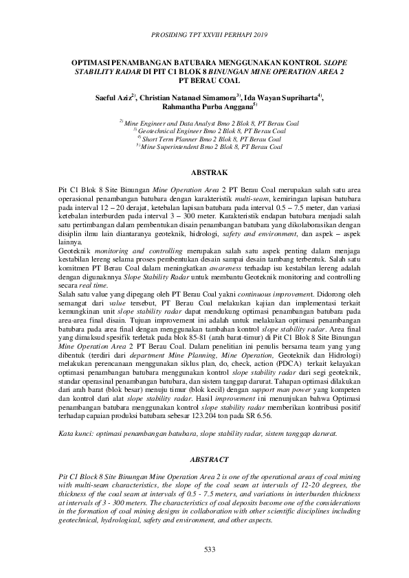 Pdf Optimasi Penambangan Batubara Menggunakan Kontrol Slope Stability