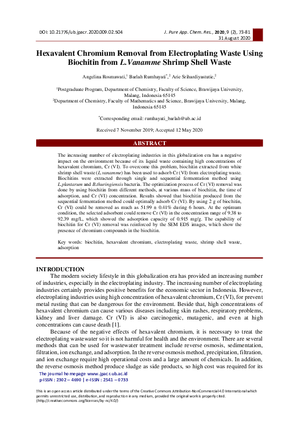 (PDF) Hexavalent Chromium Removal from Electroplating Waste Using ...