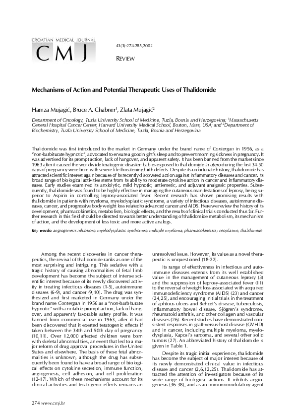 (PDF) Mechanisms of action and potential therapeutic uses of thalidomide
