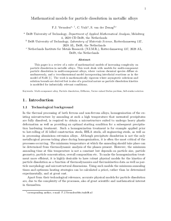 (PDF) Mathematical models for particle dissolution in metallic alloys