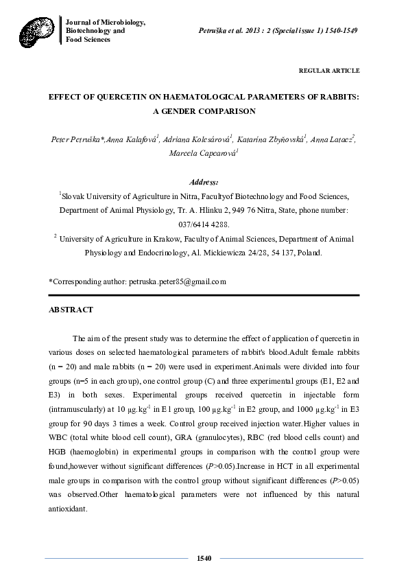 (PDF) Effect of Quercetin on Haematological Parameters of Rabbits: A ...