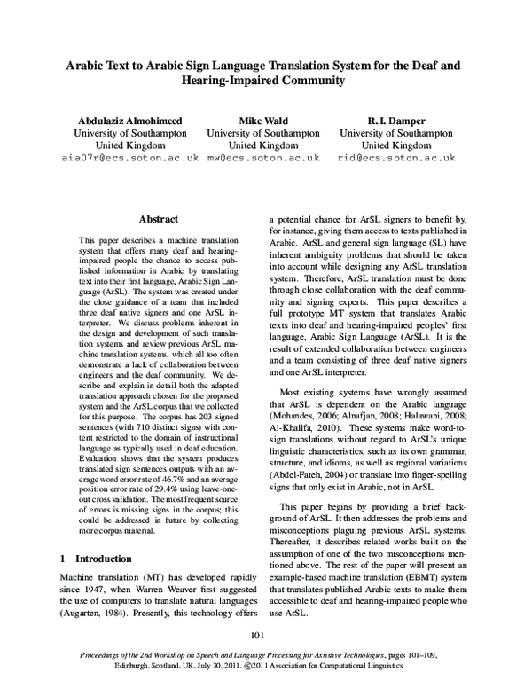 (PDF) Arabic Text to Arabic Sign Language Translation System for the ...