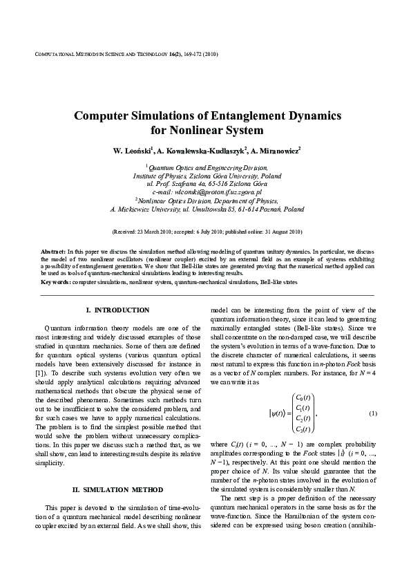 (PDF) Computer Simulations of Entanglement Dynamics for Nonlinear System
