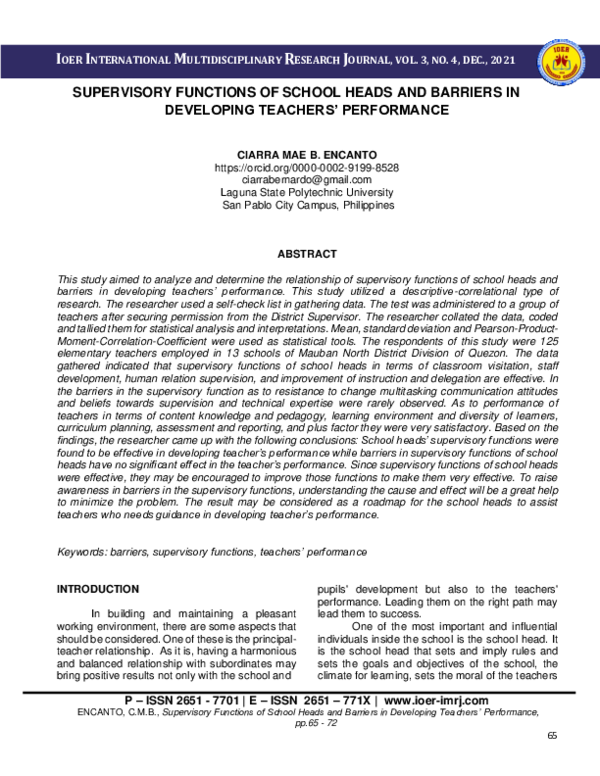 (PDF) SUPERVISORY FUNCTIONS OF SCHOOL HEADS AND BARRIERS IN DEVELOPING ...