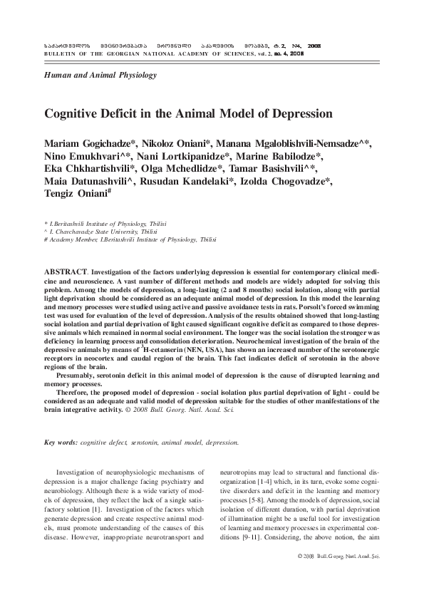 (PDF) Cognitive Deficit in the Animal Model of Depression Mariam