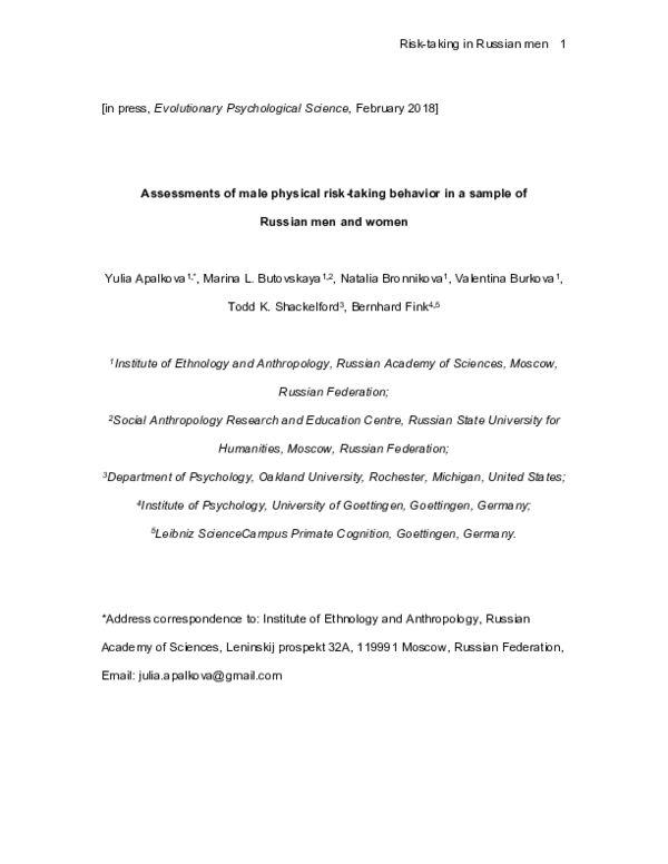(PDF) Assessments of male physical risk-taking behavior in a sample of ...
