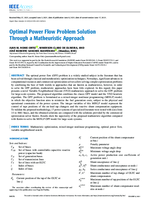 (PDF) Optimal Power Flow Problem Solution Through a Matheuristic Approach