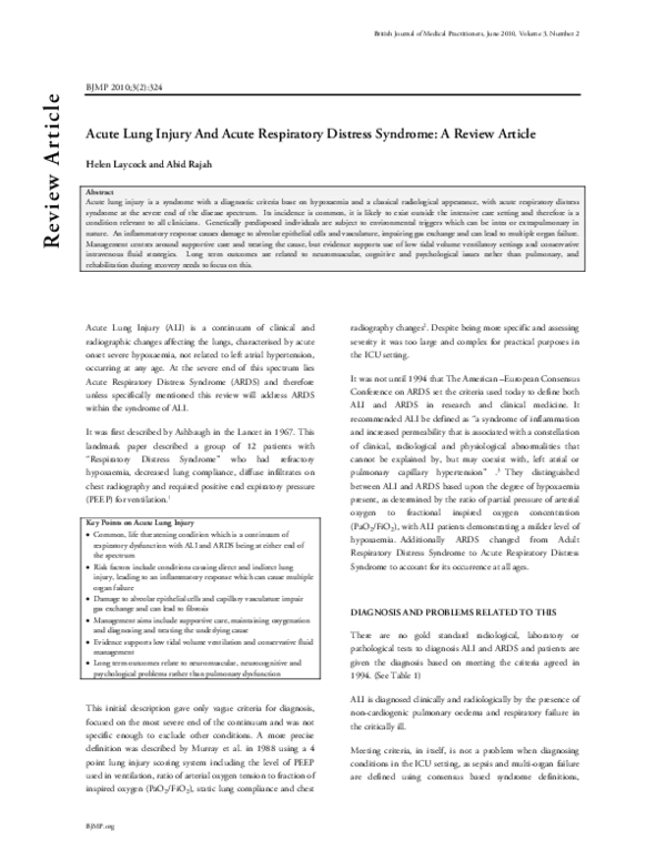 (PDF) Acute Lung Injury And Acute Respiratory Distress Syndrome: A ...