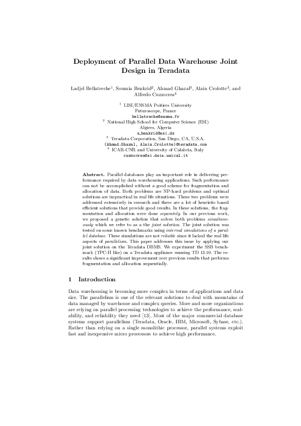(PDF) Deployment of Parallel Data Warehouse Joint Design in Teradata