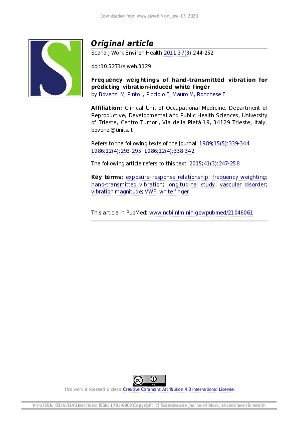 (PDF) Frequency weightings of handtransmitted vibration for predicting vibrationinduced white