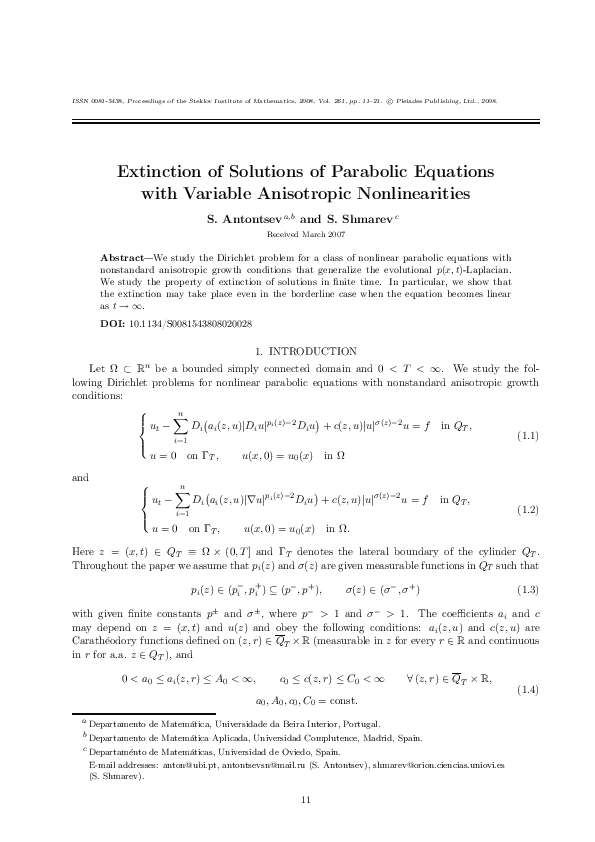 (PDF) Extinction of solutions of parabolic equations with variable ...