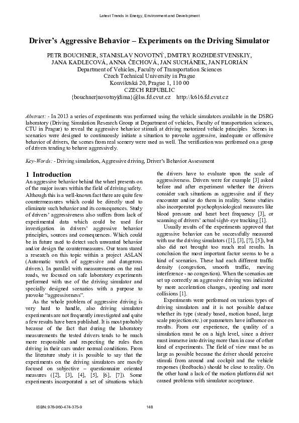 (PDF) Driver ’ s Aggressive Behavior – Experiments on the Driving Simulator
