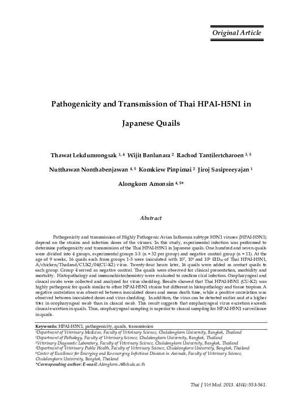 (PDF) Pathogenicity and Transmission of Thai HPAI-H5N1 in Japanese Quails