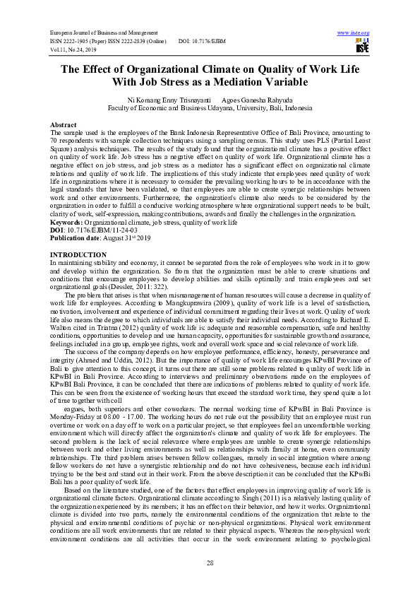 (PDF) The Effect of Organizational Climate on Quality of Work Life With ...