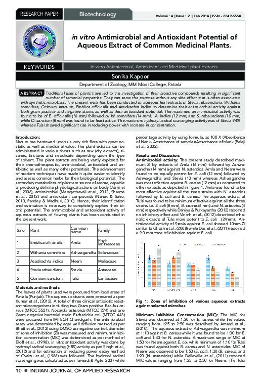 (PDF) in vitro Antimicrobial and Antioxidant Potential of Aqueous ...